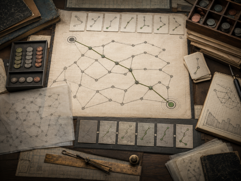 A restrained scholarly illustration of a vintage research desk with a network map, highlighted local path choices, decision cards, tokens, notebooks, rulers, and archival papers representing greedy algorithms and local decision rules.