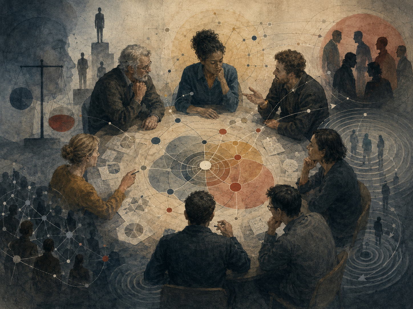 Painterly editorial illustration of group decision-making with participants around a shared table, social influence networks, tradeoff scales, collective reasoning, and ripple effects.