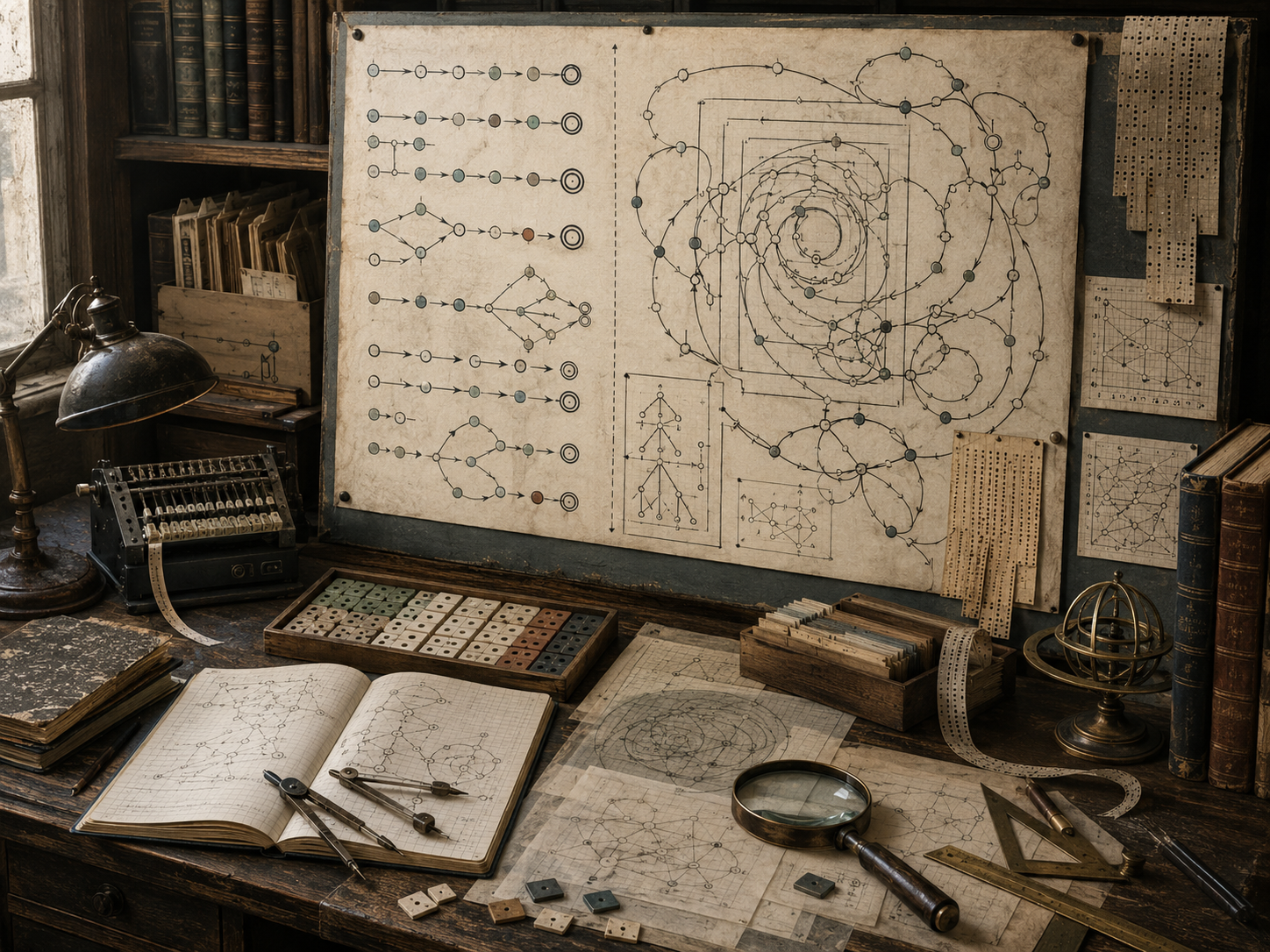 A restrained scholarly illustration of a vintage computational study with state diagrams, looping pathways, terminal nodes, punched tape, notebooks, drafting tools, and archival materials representing the halting problem and the limits of automation.