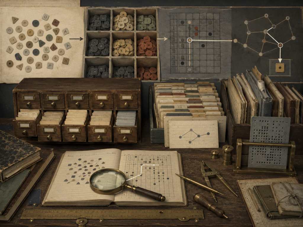 A restrained scholarly illustration of an antique research desk with labeled-looking but unreadable drawers, sorted tokens, index cards, grid maps, lookup paths, punched plates, notebooks, and archival tools representing hashing, indexing, and retrieval.