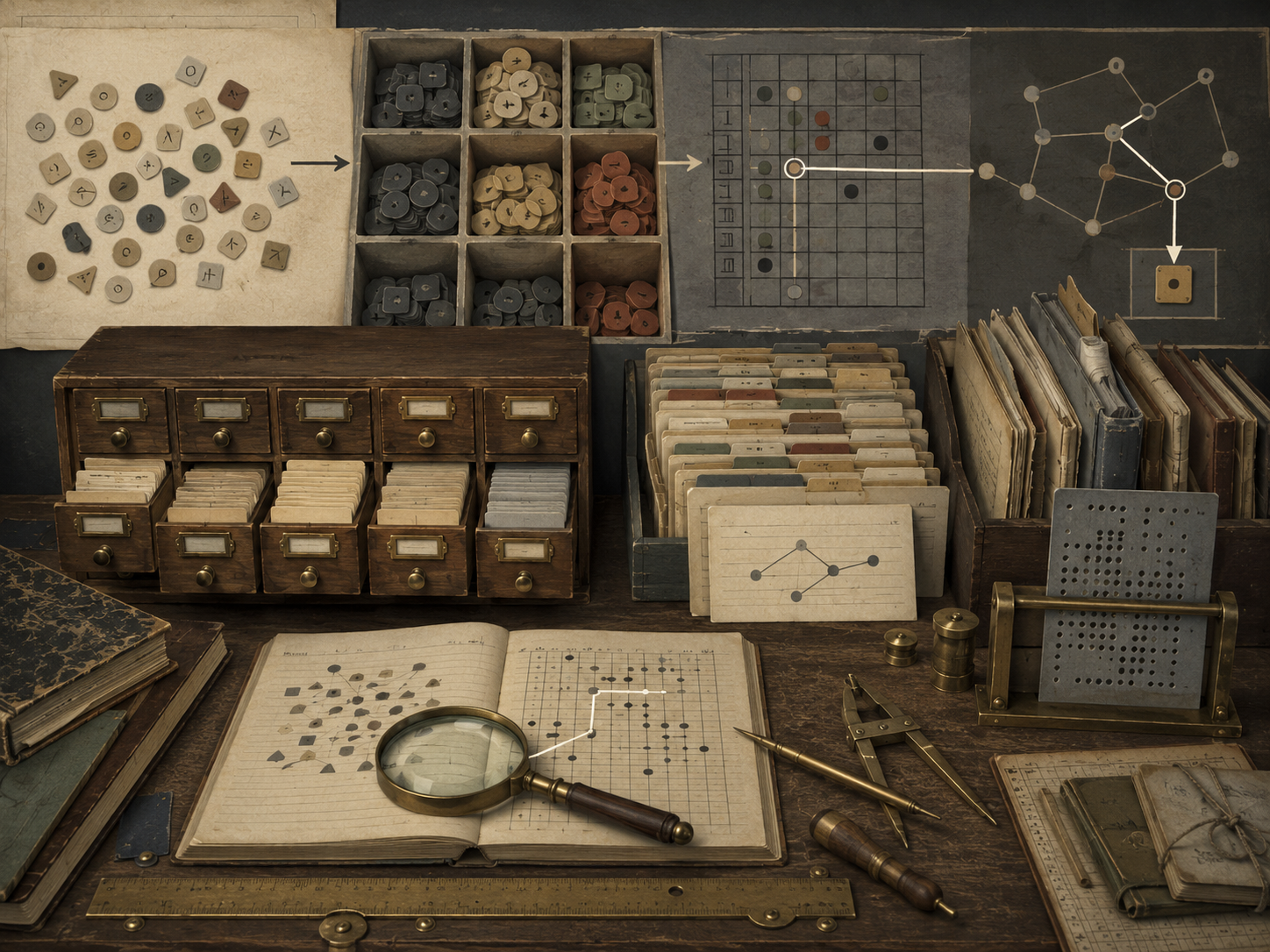 A restrained scholarly illustration of an antique research desk with labeled-looking but unreadable drawers, sorted tokens, index cards, grid maps, lookup paths, punched plates, notebooks, and archival tools representing hashing, indexing, and retrieval.