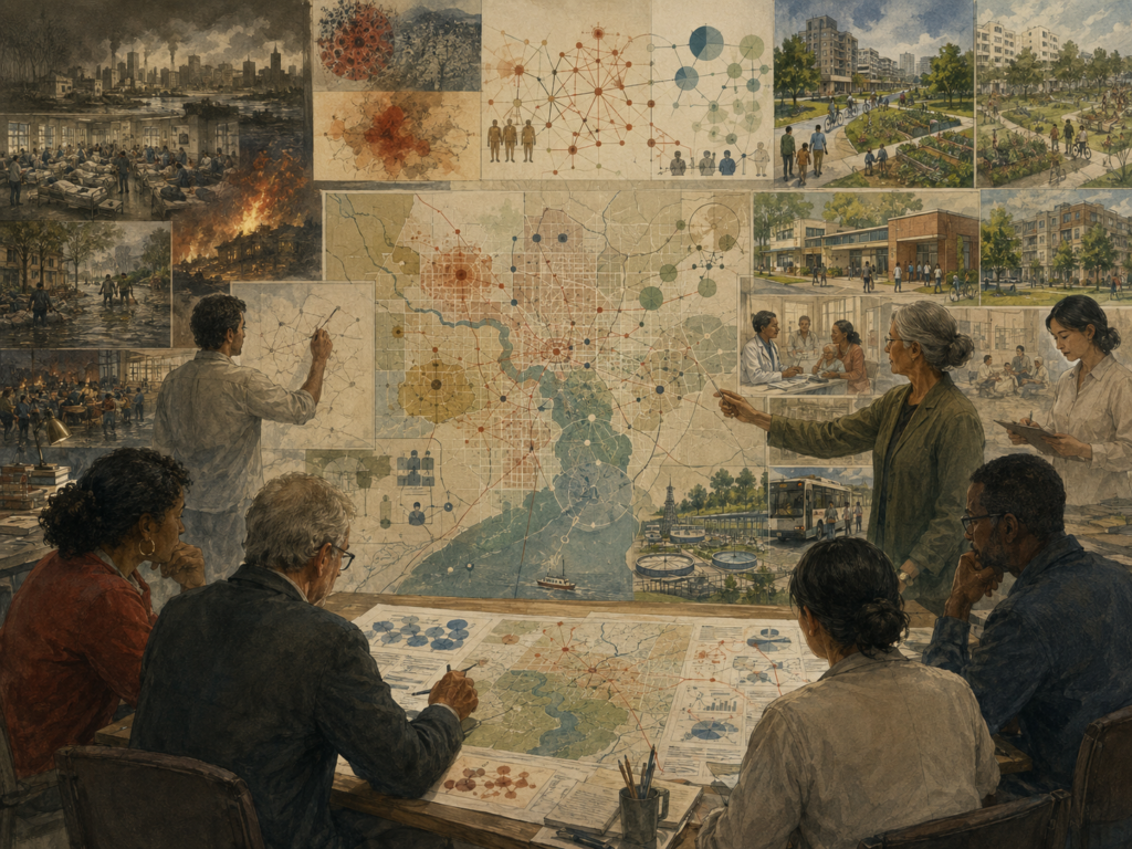 Public health researchers and civic planners examine future health systems across hospitals, housing, climate risk, transit, communities, and public infrastructure.
