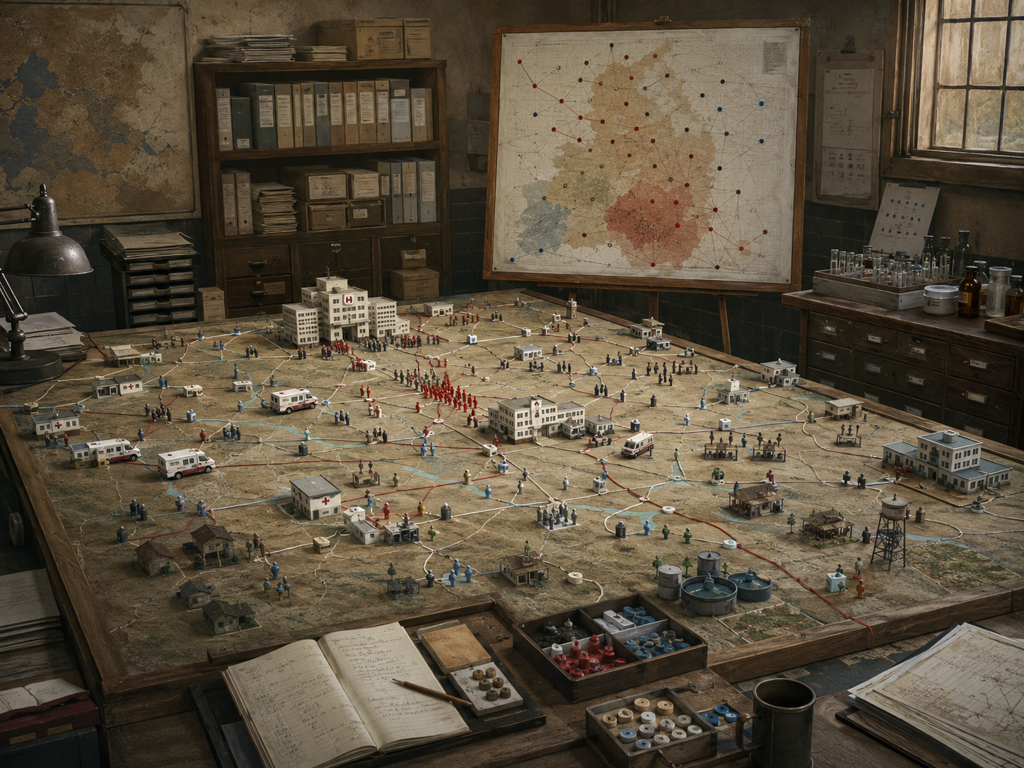 Public health operations room with a large regional health systems model showing hospitals, clinics, ambulances, communities, service routes, supply points, and care networks.
