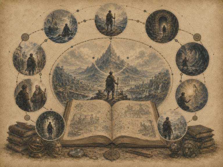 Editorial illustration of an open manuscript surrounded by connected journey scenes, including departure, sea crossing, mentor encounter, cave threshold, ordeal, transformation, and return.