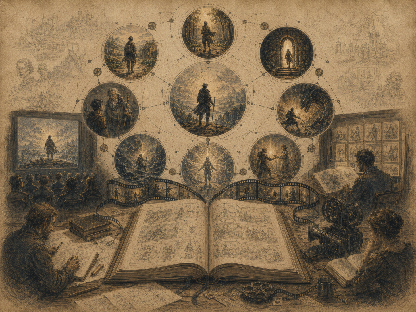 Editorial illustration of an open manuscript connected to cinematic scenes of departure, mentor guidance, threshold crossing, ordeal, transformation, and return.