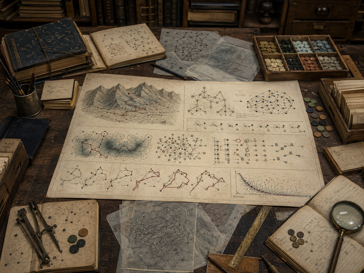 A restrained scholarly illustration of a vintage research desk with landscape maps, search paths, network diagrams, optimization routes, convergence charts, tokens, notebooks, rulers, and archival papers representing heuristics and metaheuristics.