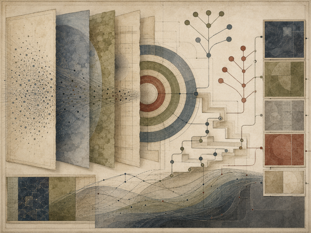 Abstract institutional illustration of layered response stages, branching communication pathways, concentric targets, flow lines, and modular panels representing hierarchy of effects models.