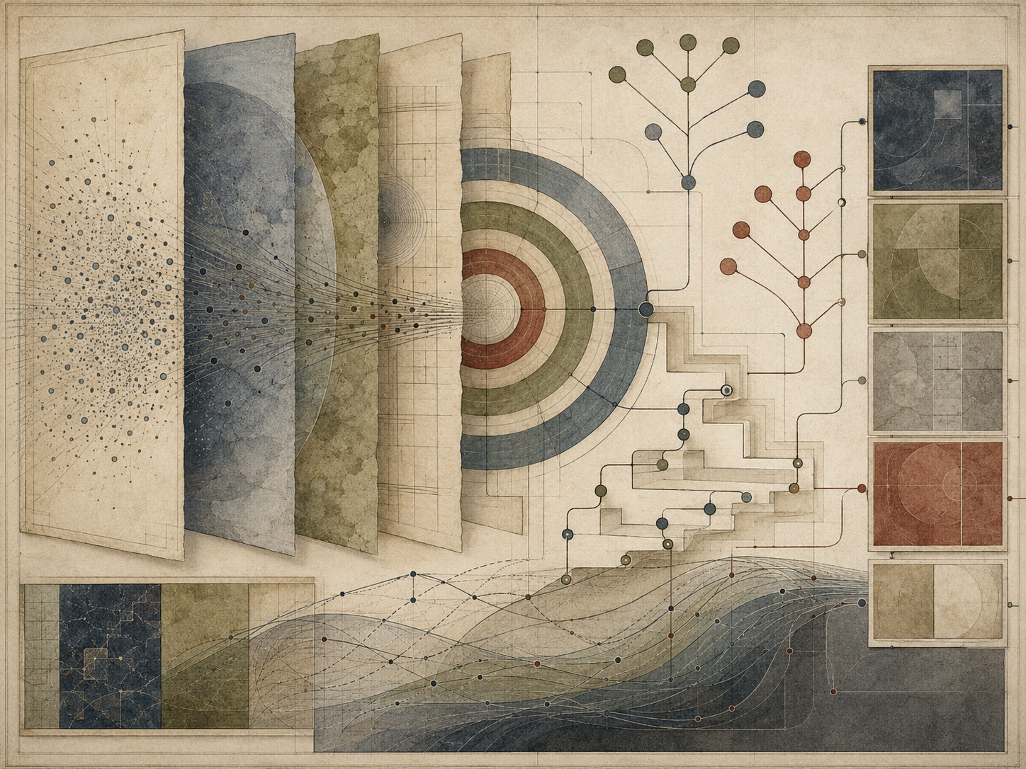 Abstract institutional illustration of layered response stages, branching communication pathways, concentric targets, flow lines, and modular panels representing hierarchy of effects models.