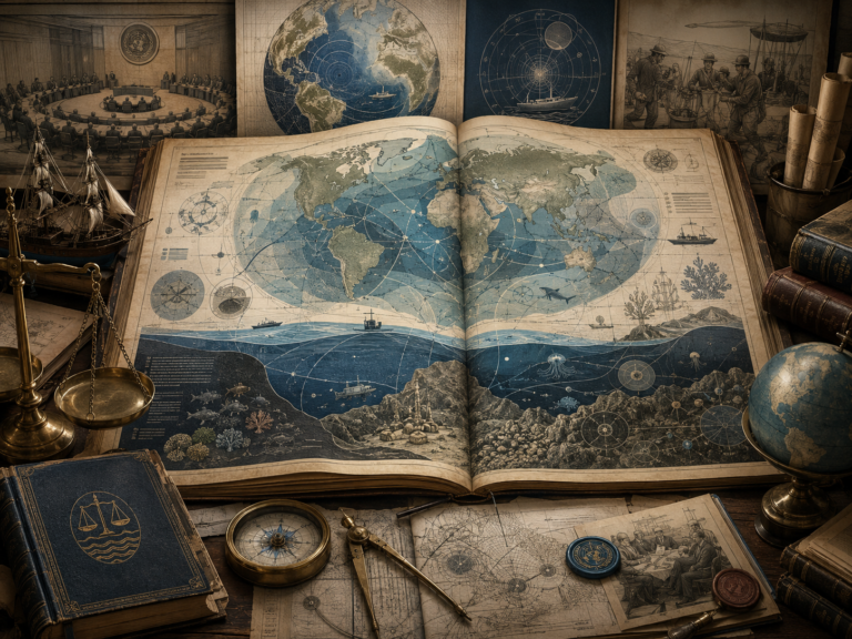 Scholarly illustration of a maritime law archive with a global ocean map, high seas routes, deep seabed layers, marine ecosystems, legal volumes, scales, nautical instruments, and institutional governance materials.
