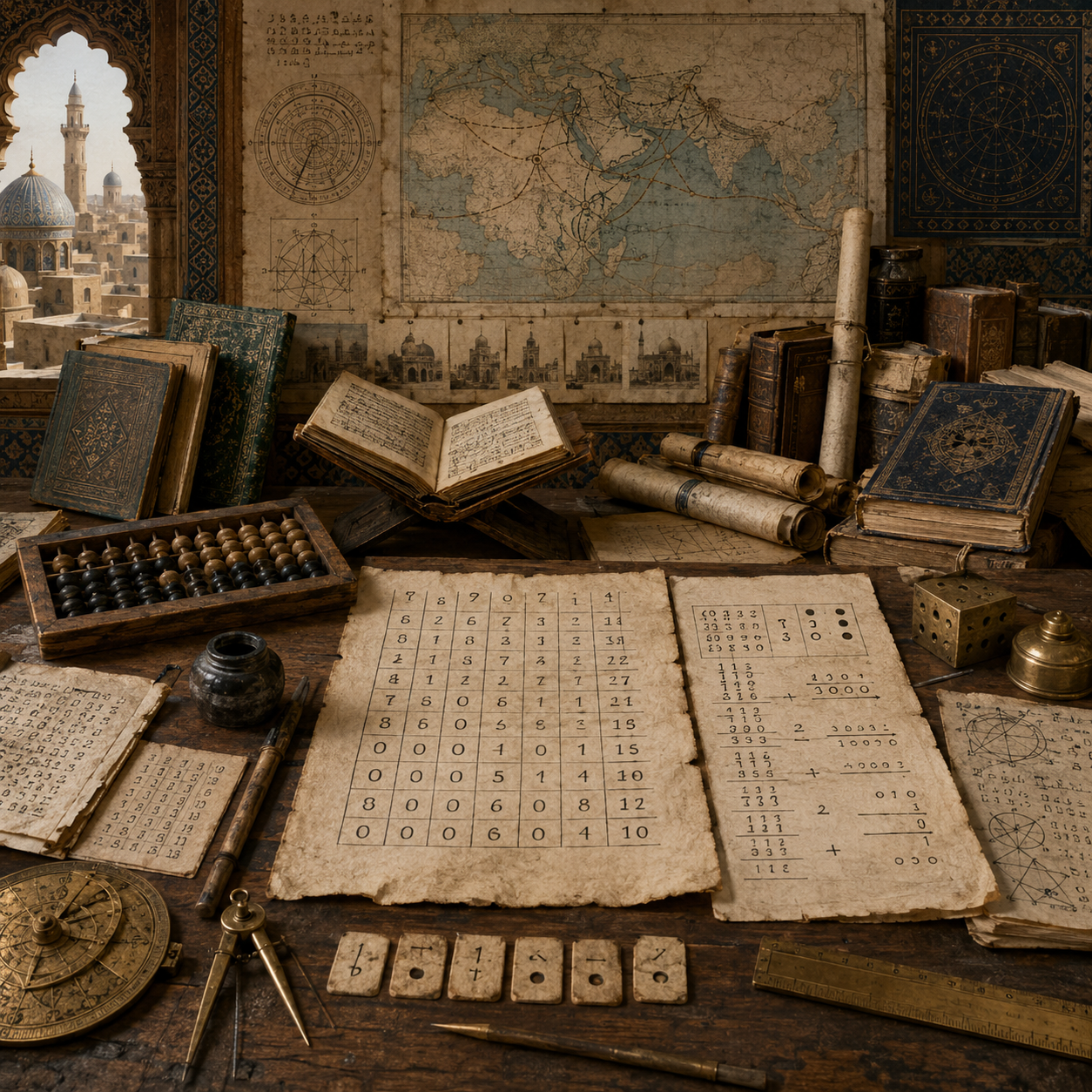 A restrained scholarly illustration of a medieval Islamic study with manuscripts, numerical tables, positional calculation sheets, abacus-like tools, maps, astronomical instruments, books, and trade-route diagrams representing the transmission of Hindu-Arabic numerals.