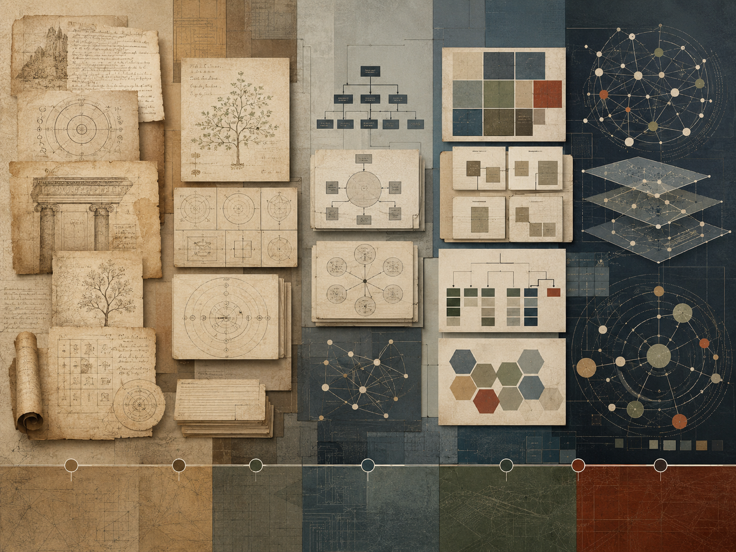 Abstract institutional illustration showing the evolution of framework thinking through historical manuscripts, diagrams, classification trees, modular grids, network maps, and contemporary strategic structures.