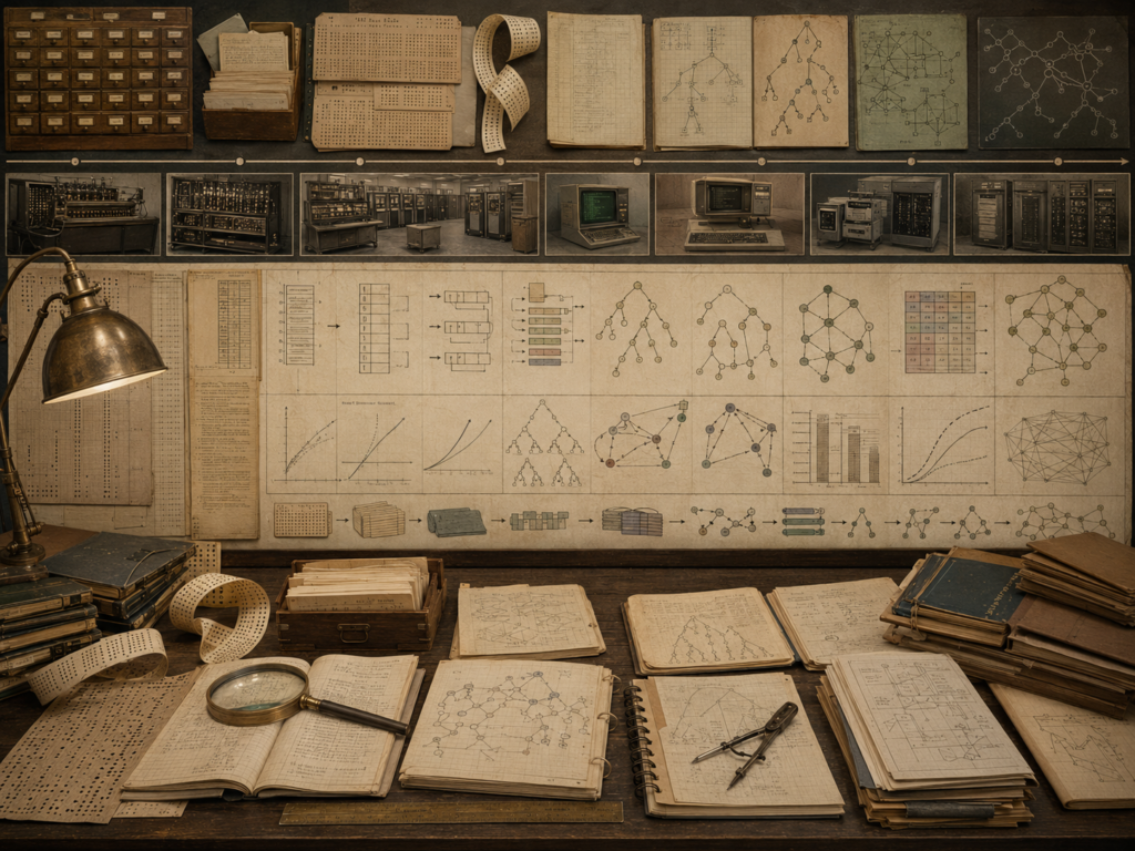 A restrained scholarly illustration of an archival workspace with manuscripts, calculation tables, mechanical devices, timeline pathways, punched cards, flowcharts, books, and instruments representing the history of algorithms from procedure to computation.