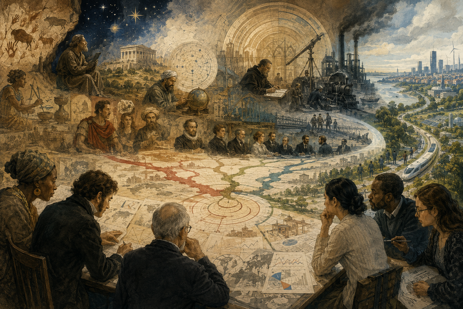 A historical futures-thinking scene showing scholars, planners, and communities studying time, uncertainty, technology, ecology, and social change.