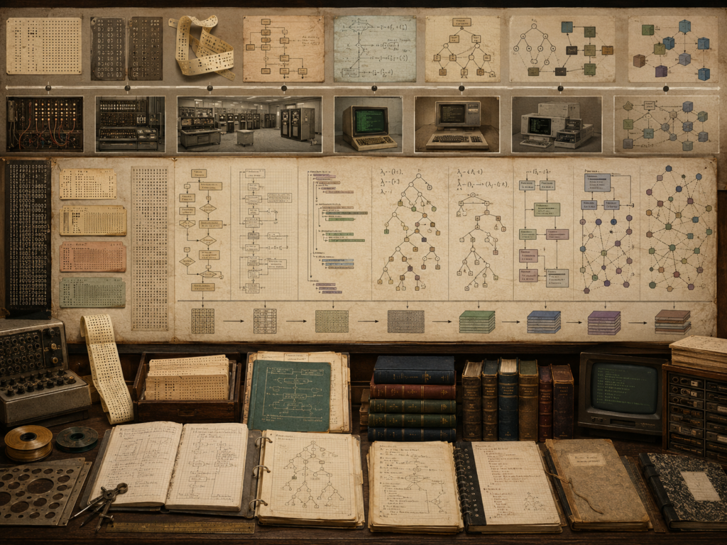 A restrained scholarly illustration of an archival computing workspace with punched cards, paper tape, flowcharts, syntax trees, early computers, code-like diagrams, books, notebooks, and timelines representing the history of programming languages.