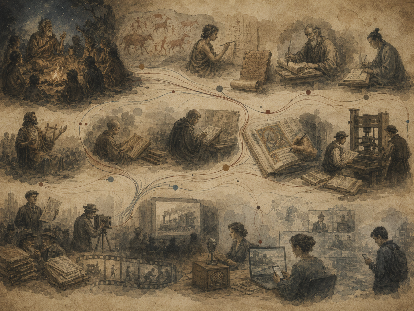 Editorial illustration showing the evolution of storytelling from oral tradition and cave symbols to manuscripts, printing, cinema, radio, and digital media.