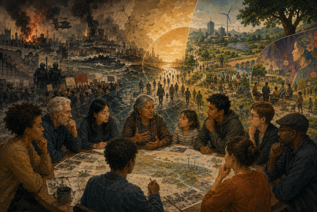 A multigenerational group discusses contested futures amid images of crisis, fear, ecological renewal, public imagination, and collective responsibility.