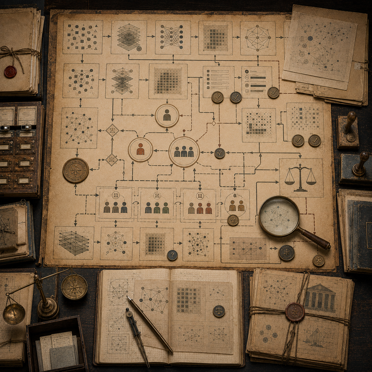 A restrained scholarly illustration of a vintage analytical desk with human oversight nodes, algorithmic workflows, review checkpoints, balance scale, magnifying glass, notebooks, archival records, and governance diagrams representing human-in-the-loop systems and human judgment.