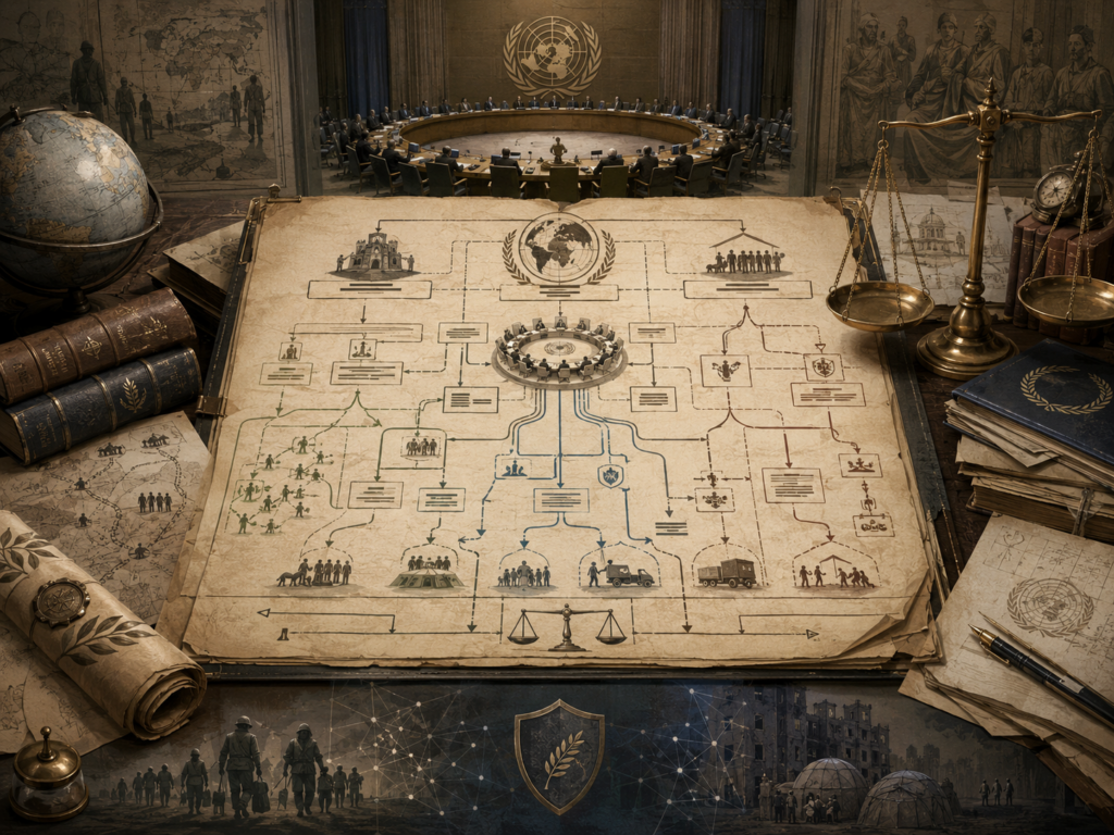 Scholarly illustration of a UN-style legal chamber and parchment policy diagram with humanitarian pathways, protection symbols, scales, legal books, maps, and crisis-response imagery representing humanitarian intervention, Responsibility to Protect, and the limits of sovereignty.