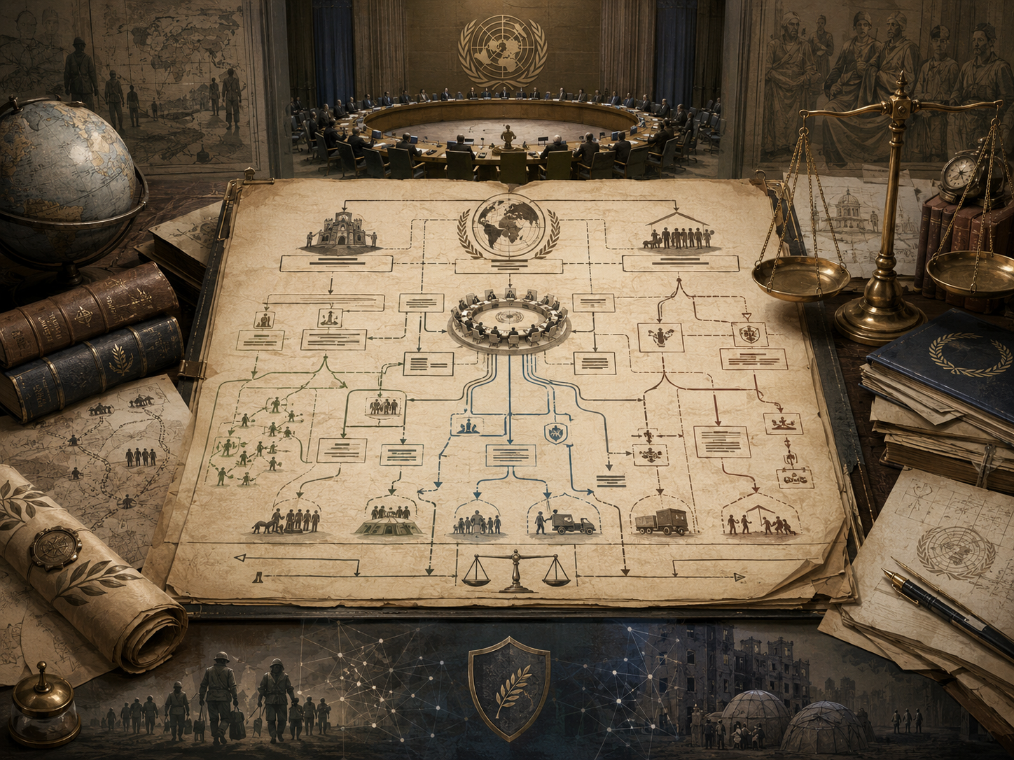 Scholarly illustration of a UN-style legal chamber and parchment policy diagram with humanitarian pathways, protection symbols, scales, legal books, maps, and crisis-response imagery representing humanitarian intervention, Responsibility to Protect, and the limits of sovereignty.