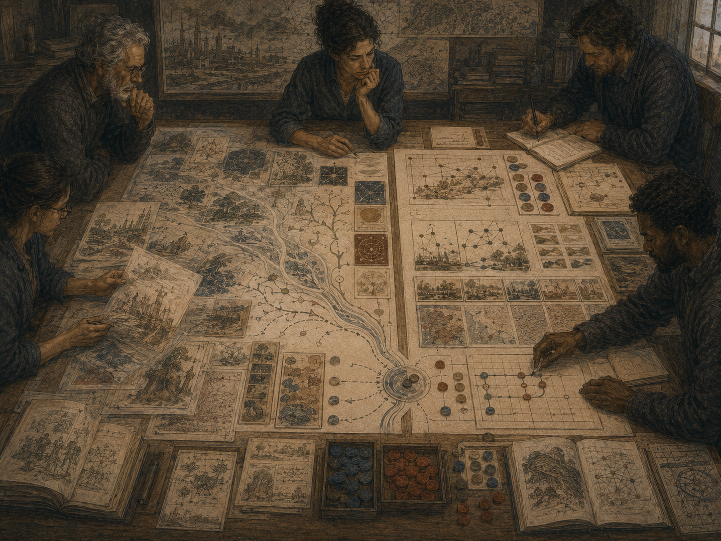 Researchers study imaginative sketches, structured diagrams, pathway maps, tokens, notebooks, and decision grids on a large planning table.