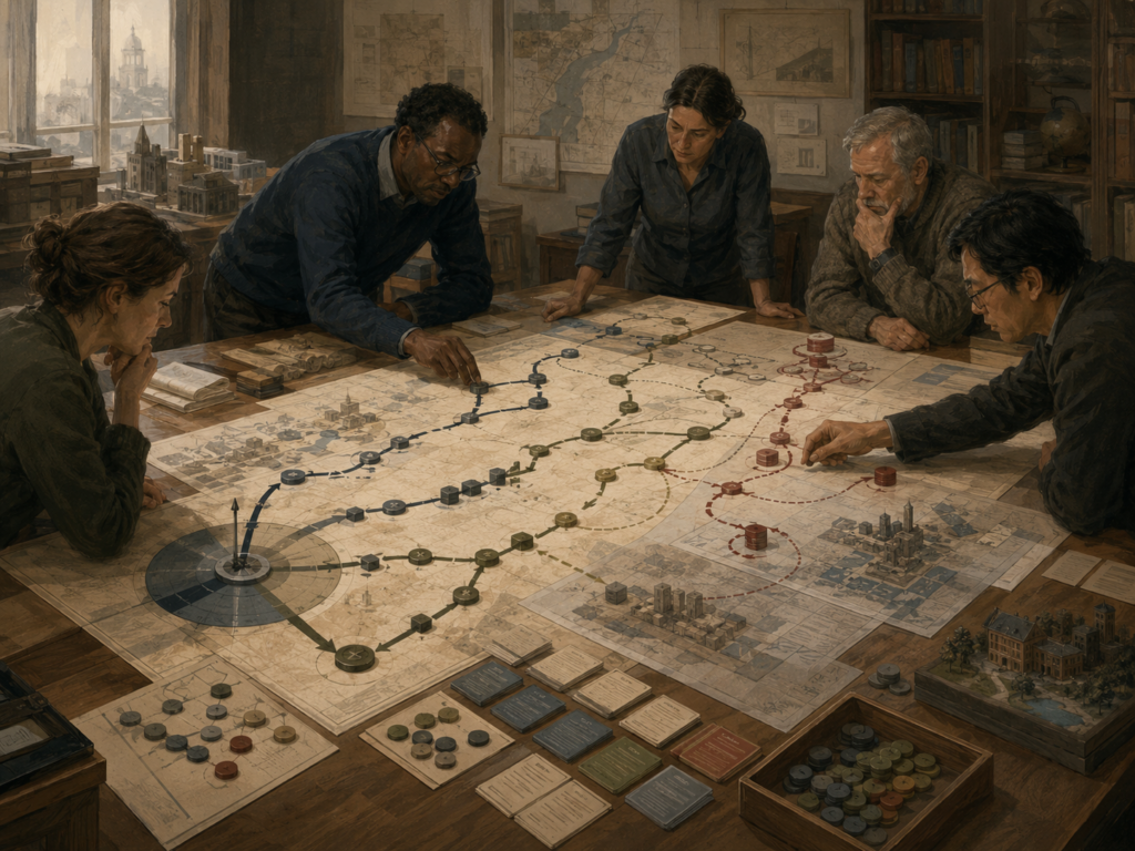 Strategists arrange branching implementation routes, staged action paths, dependency markers, project cards, and sequencing tokens on a large institutional planning table.