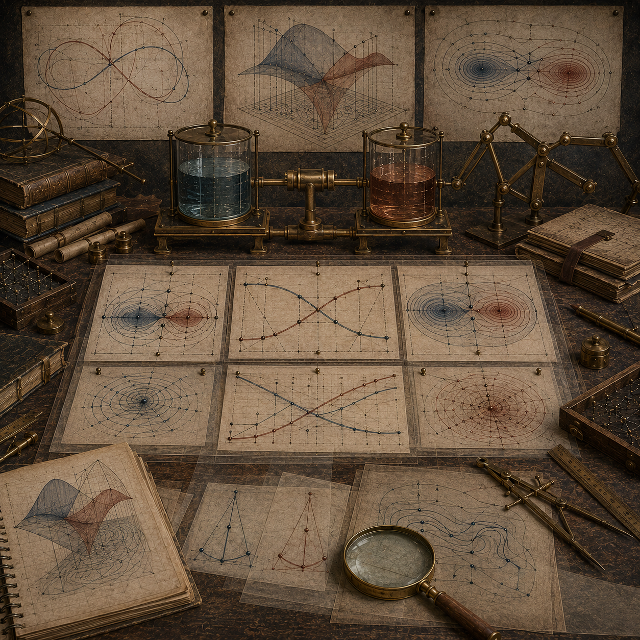 Archival mathematical modeling workspace with paired vessels, coupled curves, contour diagrams, intersecting surfaces, mechanical linkages, notebooks, and drafting tools representing implicit differentiation and coupled relationships.