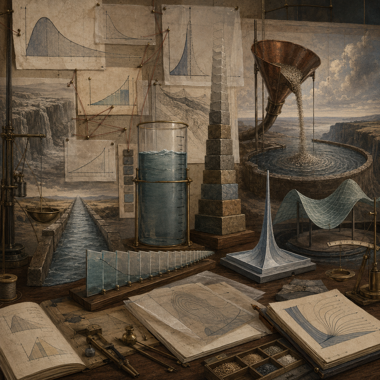 Archival systems modeling workspace with unbounded curves, narrowing partitions, overflowing vessels, infinite channels, stacked blocks, surface models, notebooks, and drafting tools representing improper integrals and unbounded quantities.
