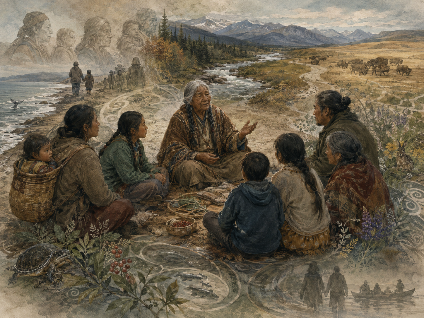 Editorial illustration of an elder sharing stories with an intergenerational circle in a natural landscape of mountains, river, animals, plants, and ancestral memory.