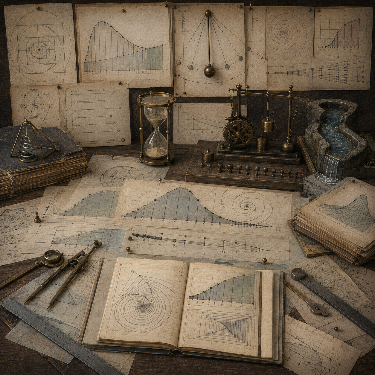 Antique scholarly workspace with spiral diagrams, infinitesimal partitions, pendulum traces, area approximations, flowing water, gears, notebooks, and drafting instruments representing infinity, infinitesimals, and the historical study of change.