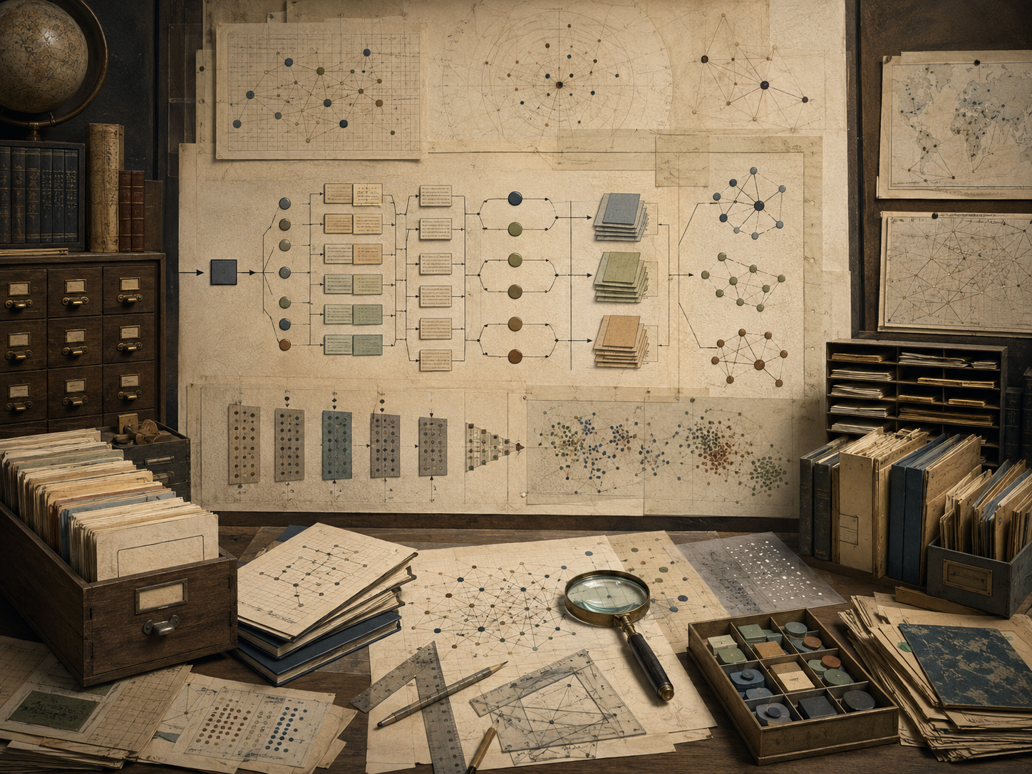 A restrained scholarly illustration of an archival research workspace with index drawers, document cards, query pathways, ranking clusters, network maps, notebooks, rulers, and analytical tools representing information retrieval and search architecture.