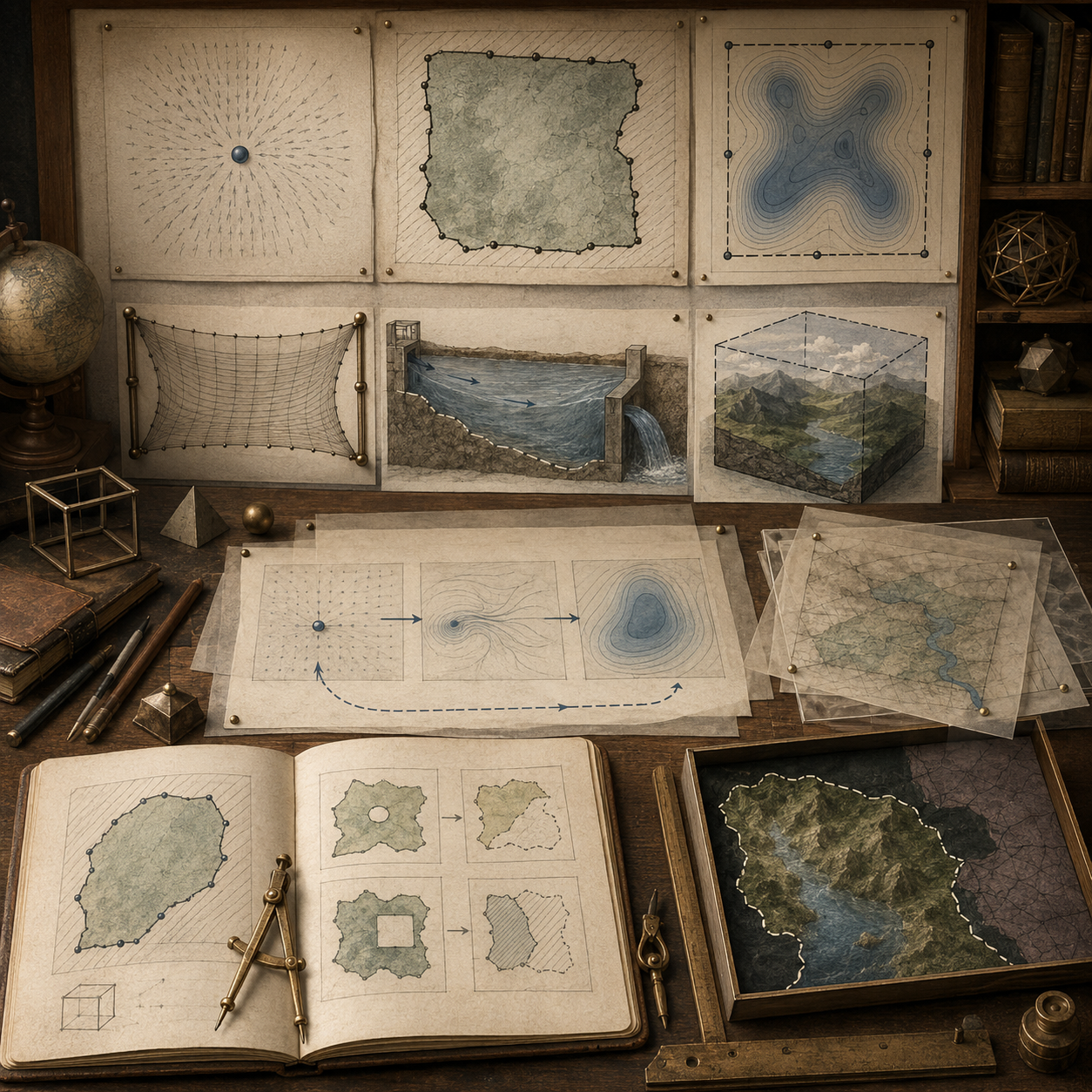 Archival systems modeling workspace with bounded maps, contour fields, vector diagrams, landscape models, reservoirs, notebooks, translucent overlays, and drafting tools representing initial conditions, boundary conditions, and model scope.