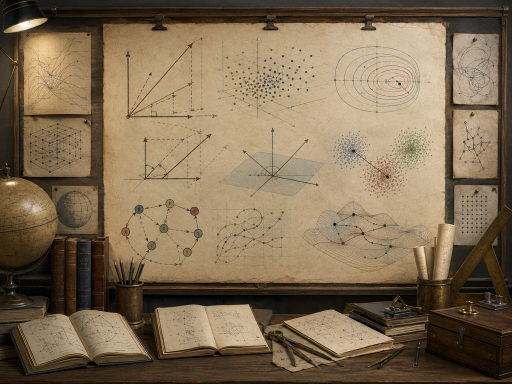 Vintage mathematical study with parchment diagrams of vector angles, distance contours, point clouds, state-space trajectories, networks, books, and drafting tools.