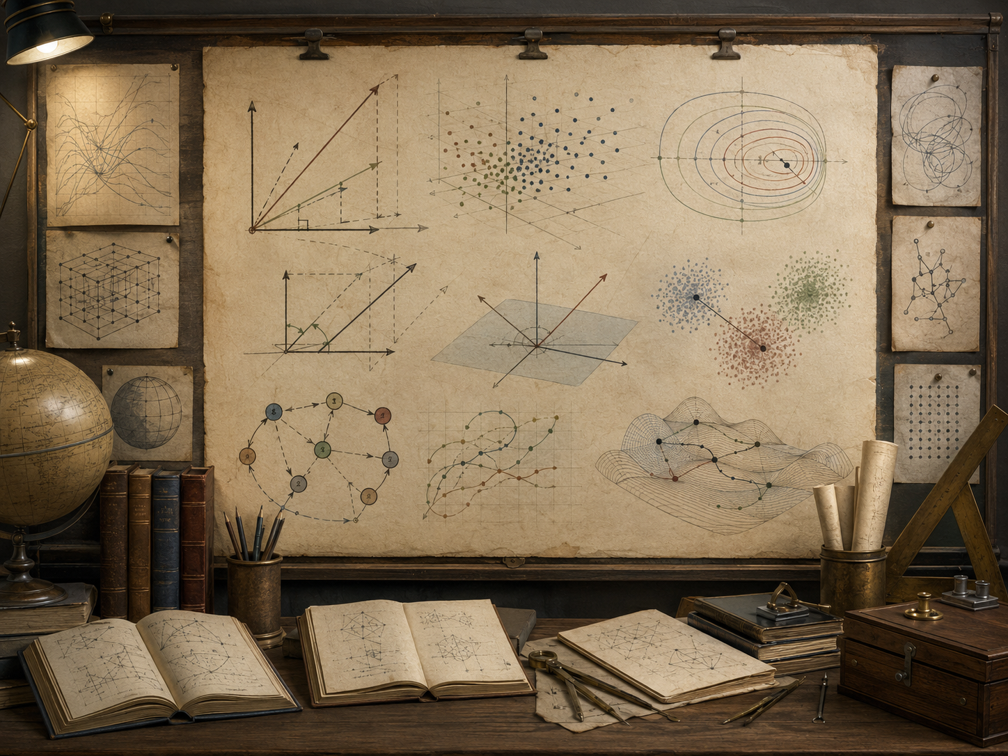 Vintage mathematical study with parchment diagrams of vector angles, distance contours, point clouds, state-space trajectories, networks, books, and drafting tools.