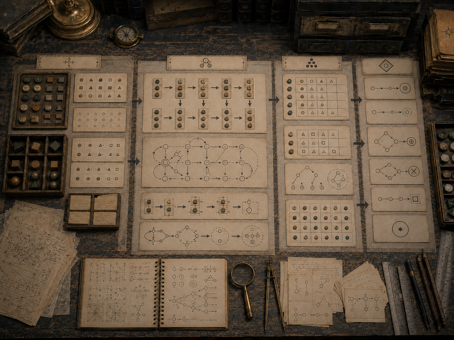 A restrained scholarly illustration of a vintage research table showing tokens, symbol cards, state-transition diagrams, output grids, and terminal end-state motifs arranged as a computational process without readable text.