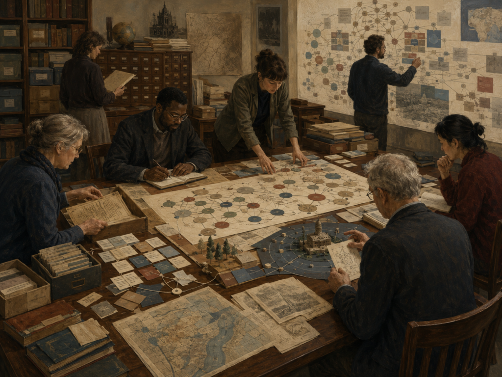 Researchers organize archival records, concept cards, maps, knowledge networks, and idea pathways in an institutional archive room.
