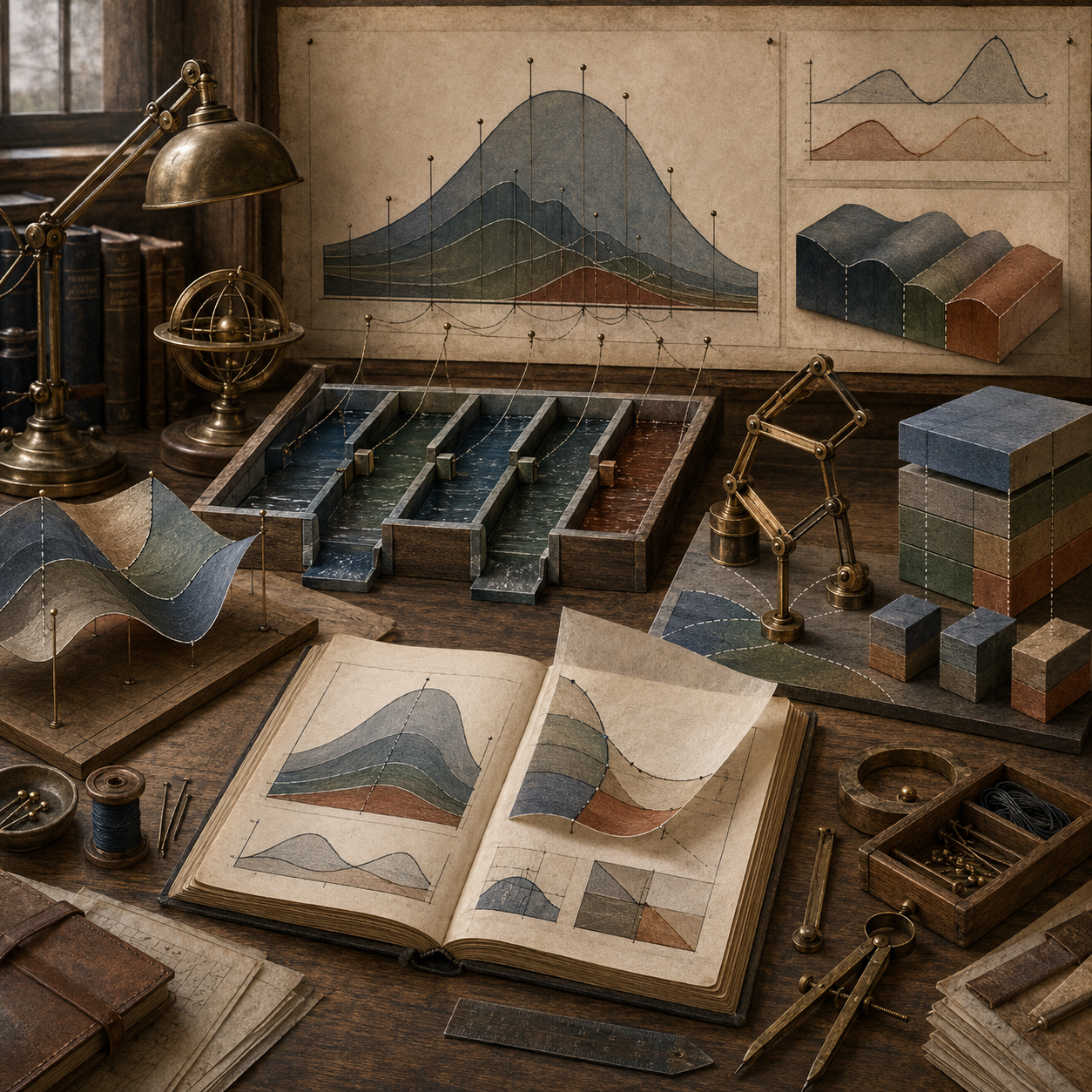 Vintage scholarly workspace with layered area diagrams, divided flow channels, segmented surface models, stacked blocks, notebooks, brass instruments, and drafting tools representing integration by parts and structured decomposition.