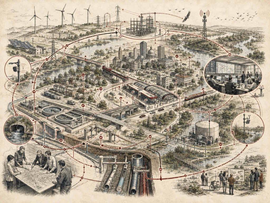 Scholarly systems-thinking illustration of intelligent infrastructure with transit, energy grids, water systems, sensors, communications, civic planning, wetlands, and urban services connected by feedback pathways.