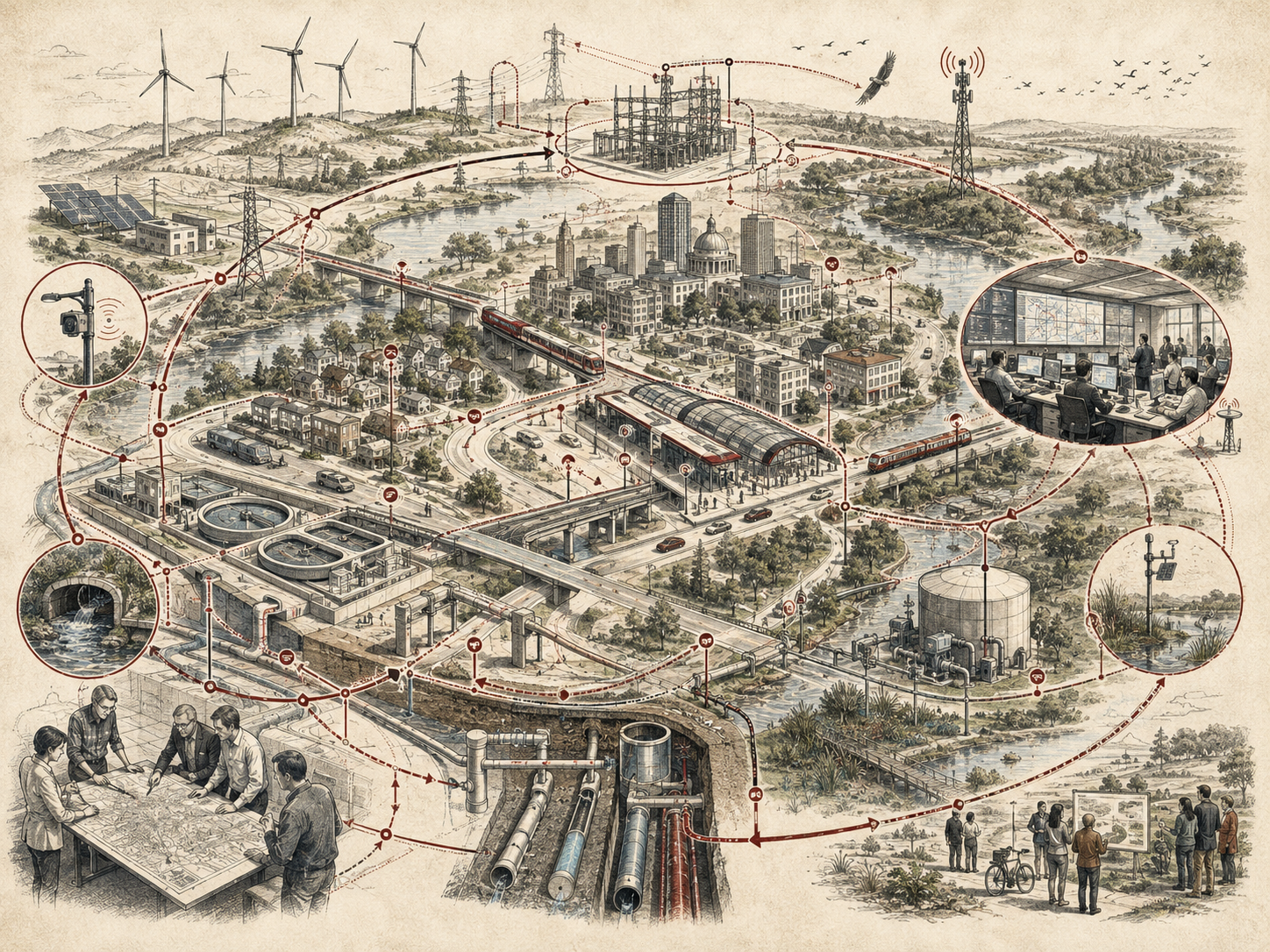 Scholarly systems-thinking illustration of intelligent infrastructure with transit, energy grids, water systems, sensors, communications, civic planning, wetlands, and urban services connected by feedback pathways.