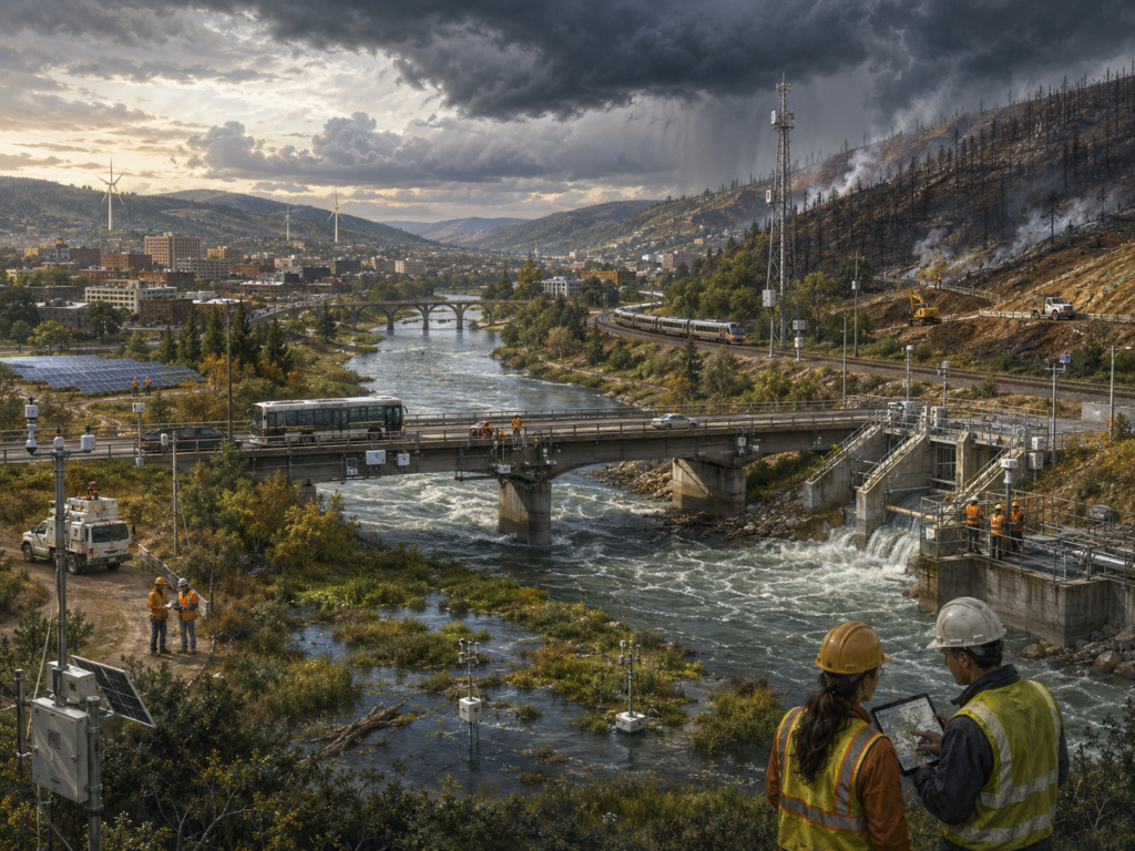 Panoramic illustration of intelligent infrastructure with bridges, water systems, transit, renewable energy, sensors, monitoring stations, field engineers, storm clouds, wildfire damage, and adaptive repair work.