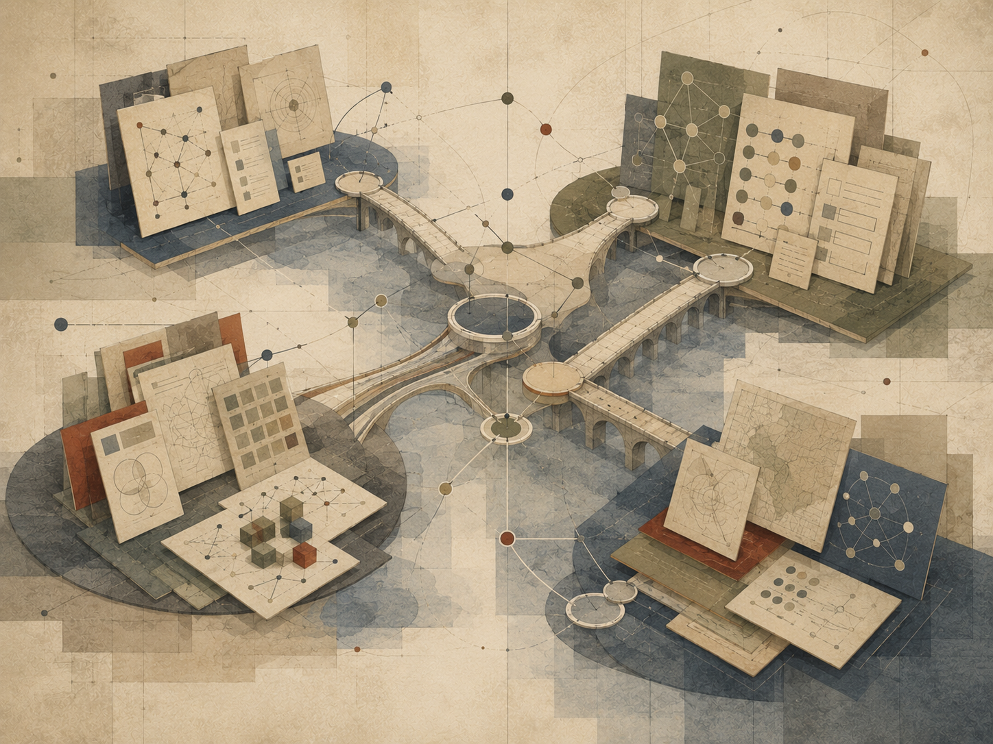 Abstract institutional illustration of multiple knowledge clusters connected by bridge-like pathways, layered documents, diagrams, and network structures representing interdisciplinary frameworks.