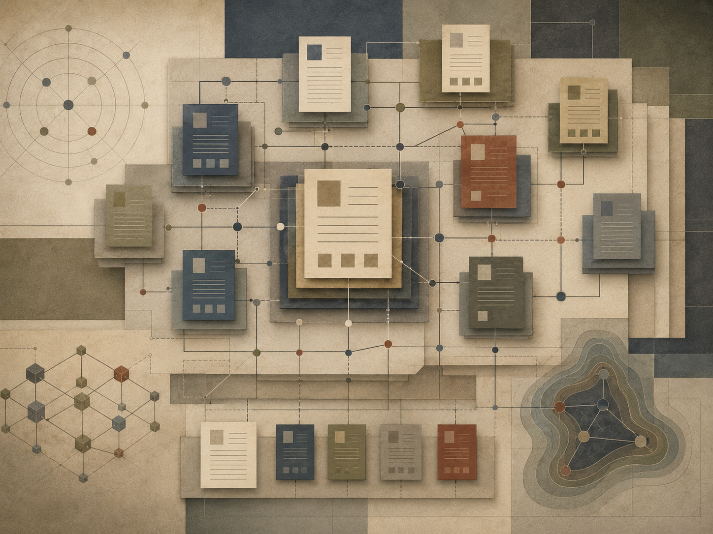 Abstract institutional illustration of connected content pages, document cards, network lines, nodes, and layered knowledge maps representing internal linking as framework infrastructure.