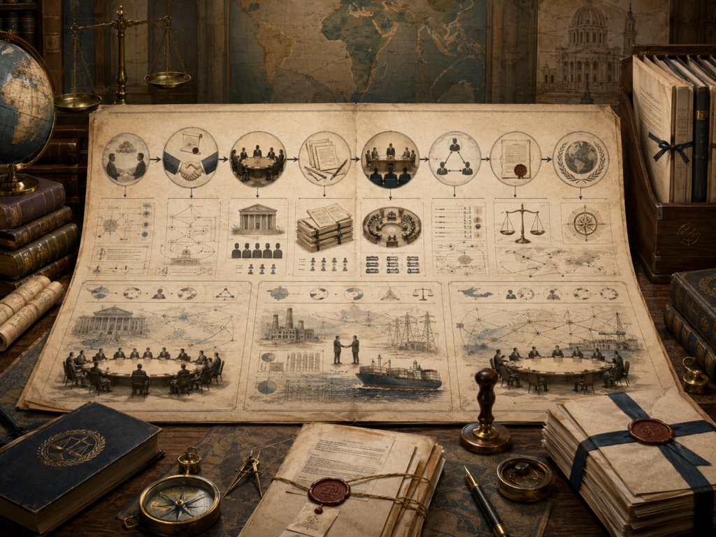 Scholarly illustration of an arbitral case dossier with procedural diagrams, tribunal tables, legal bundles, maritime charts, sealed documents, and institutional symbols representing international arbitration and peaceful dispute settlement.