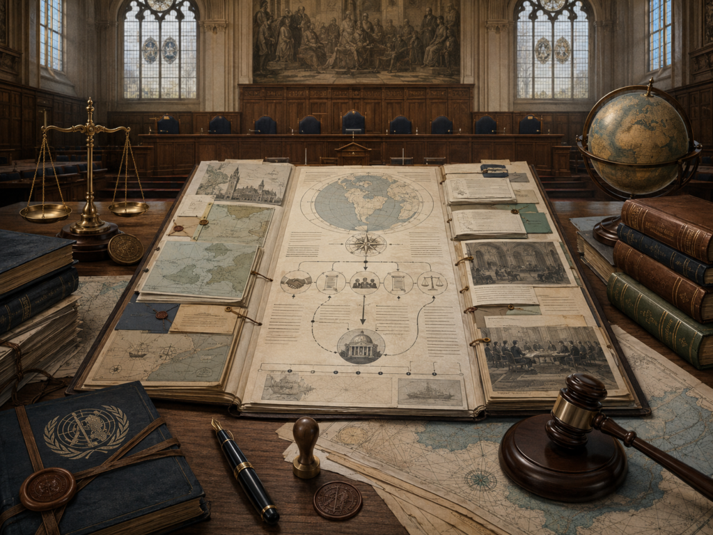 Scholarly illustration of an international judicial chamber with legal case files, treaty volumes, maps, scales, a gavel, and archival diagrams representing the International Court of Justice and peaceful dispute settlement.