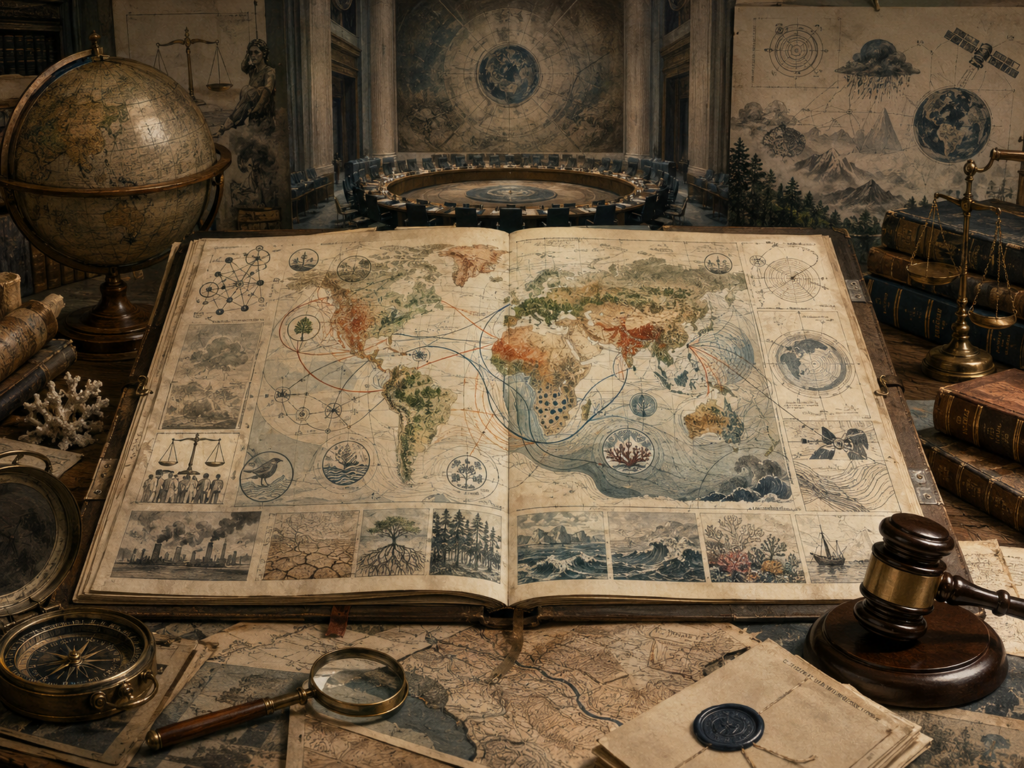 Scholarly illustration of an environmental law archive with a global ecological risk map, treaty files, climate diagrams, biodiversity symbols, legal scales, planetary systems, and institutional governance materials.