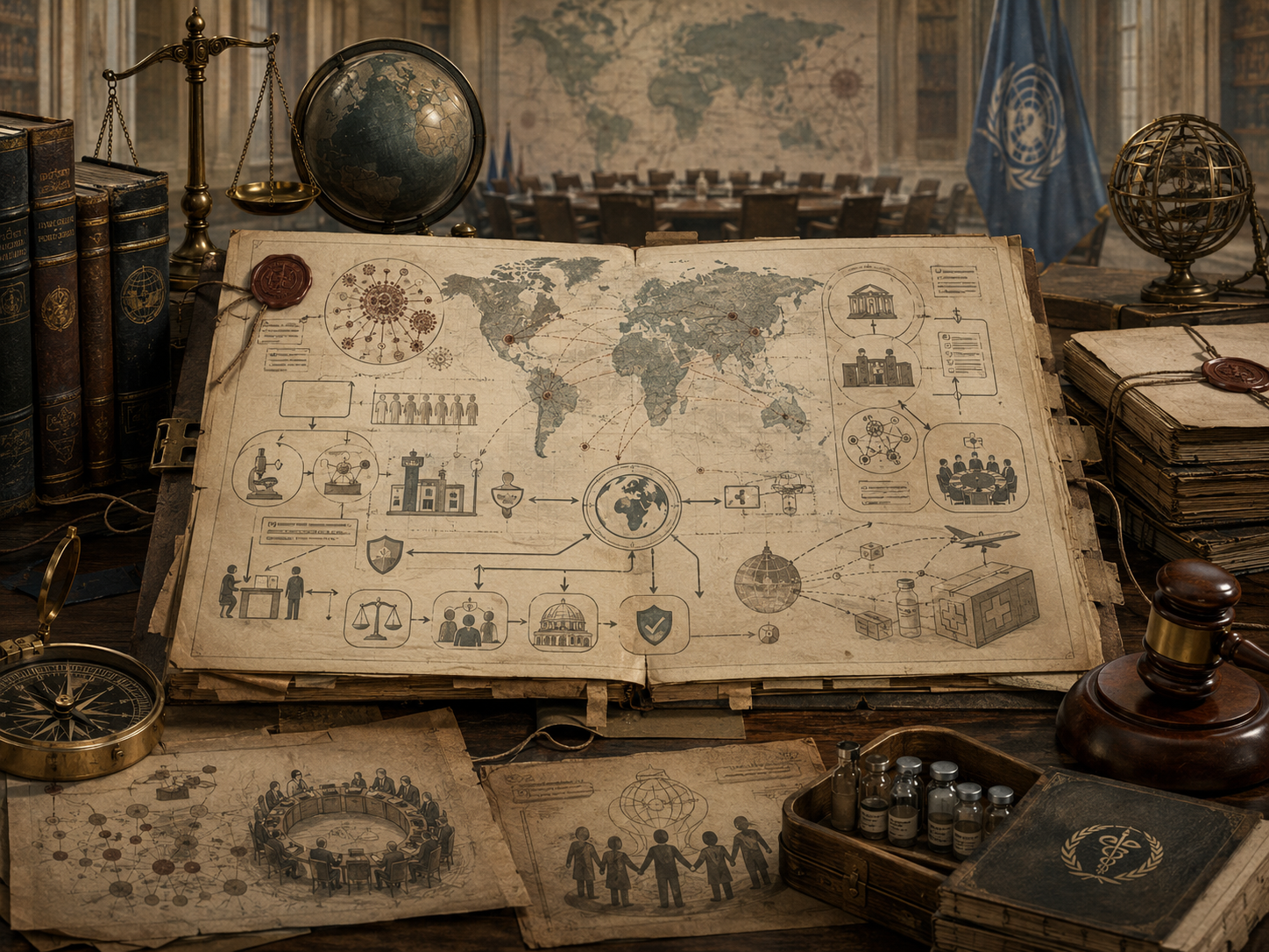 Scholarly illustration of an international health law archive with global public health coordination diagrams, pandemic response pathways, medical supplies, maps, legal scales, treaty files, and institutional governance materials.