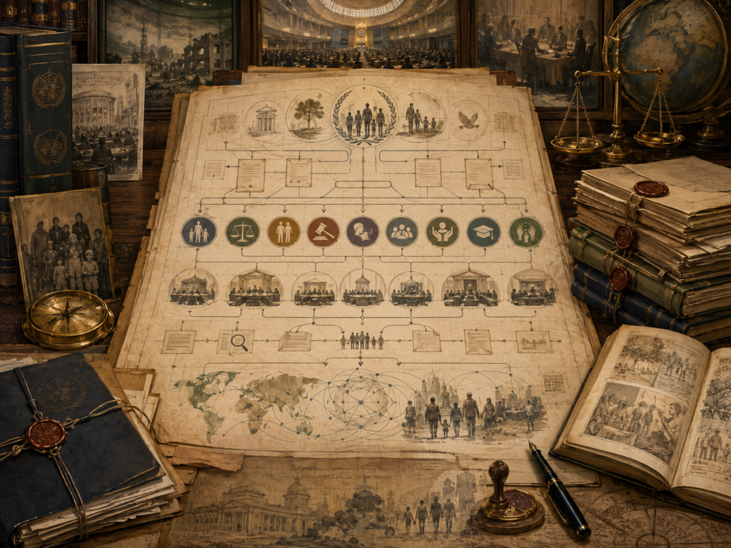 Scholarly illustration of an international human rights law dossier with covenant diagrams, rights symbols, treaty files, global maps, institutional chambers, legal volumes, scales, and archival materials.