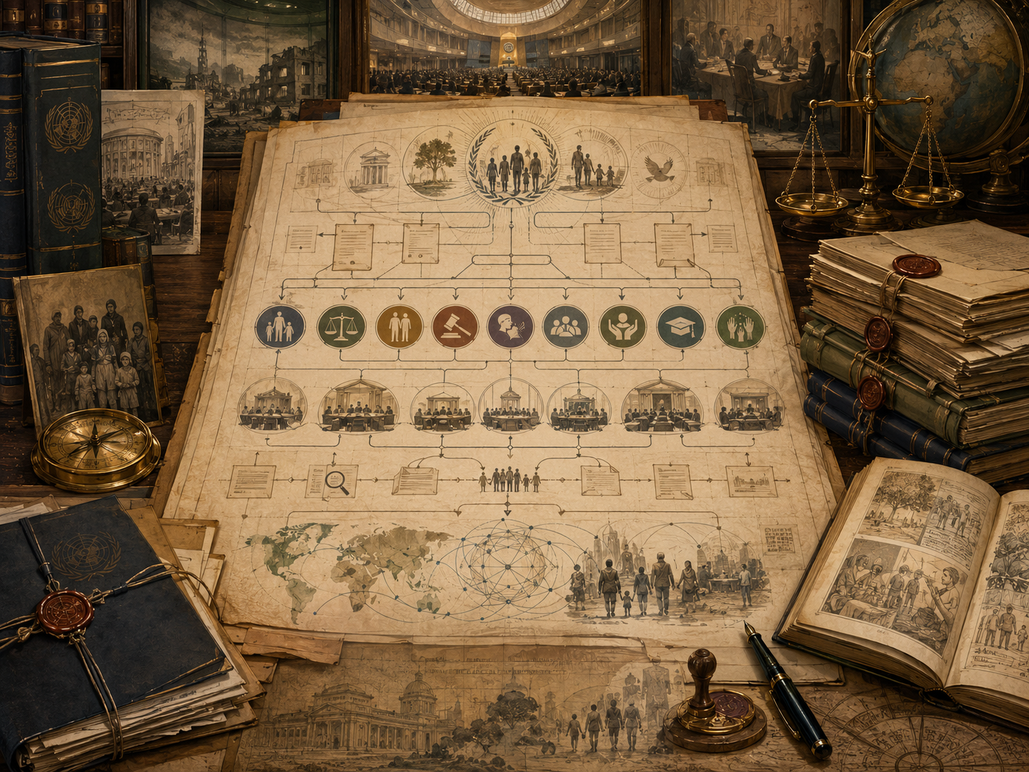 Scholarly illustration of an international human rights law dossier with covenant diagrams, rights symbols, treaty files, global maps, institutional chambers, legal volumes, scales, and archival materials.