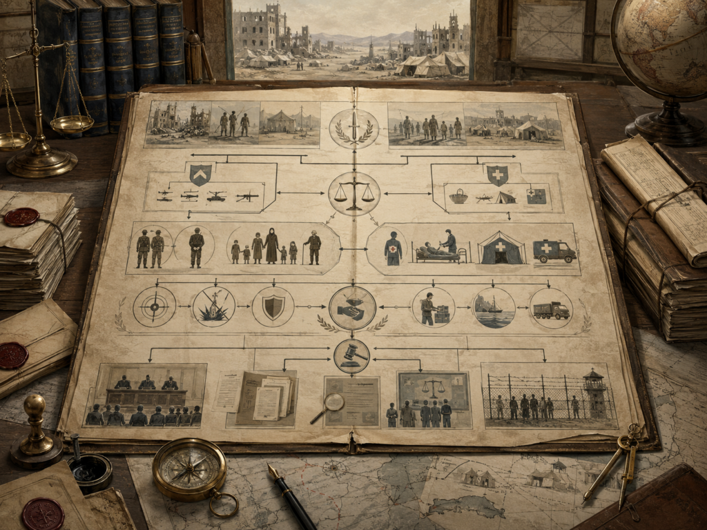 Scholarly illustration of a legal dossier on international humanitarian law with Geneva Convention motifs, protected persons, medical symbols, detention imagery, battlefield limits, aid transport, and accountability pathways.