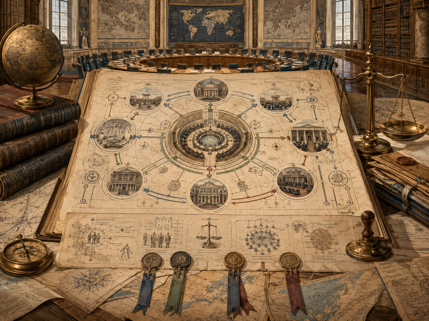 Scholarly illustration of a grand international governance chamber with a circular council table, archival legal diagrams, maps, treaty materials, scales, and institutional symbols representing the authority of global organizations.