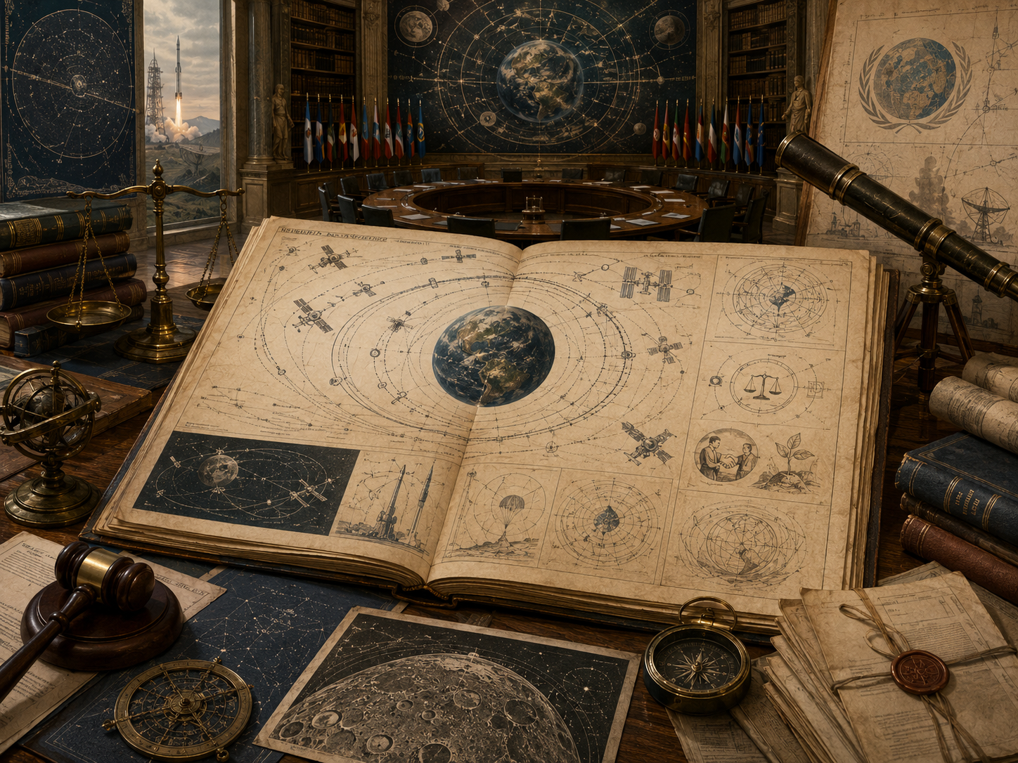 Scholarly illustration of an outer space law archive with orbital diagrams, satellites, treaty files, legal scales, a telescope, globes, celestial maps, and international governance chamber imagery.